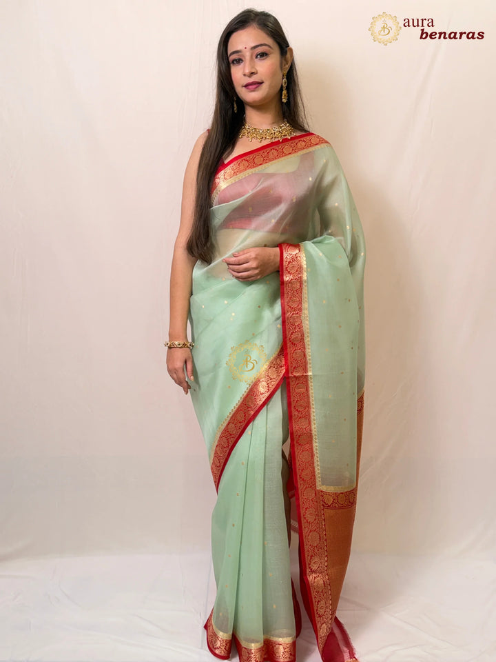 Mint Green Kora Silk Handloom Banarasi Saree Kadhwa Butis 