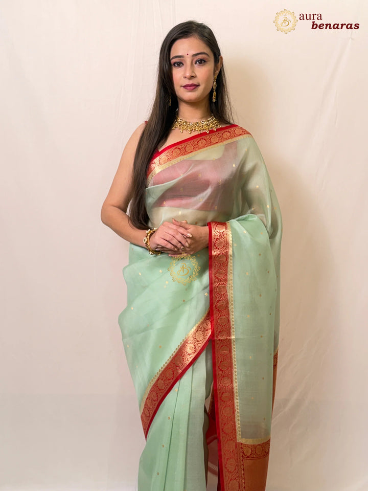 Mint Green Kora Silk Handloom Banarasi Saree Kadhwa Butis 