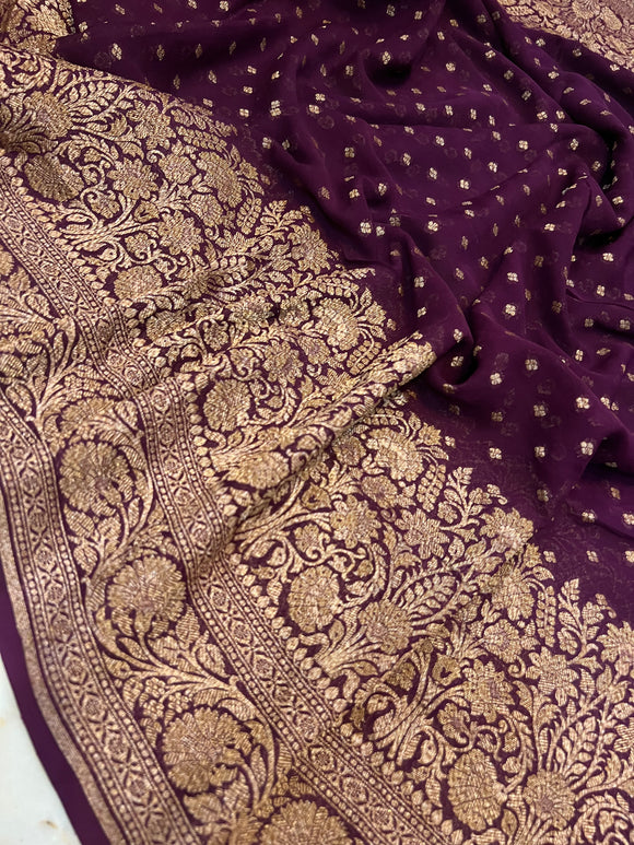 Wine Pure Banarasi Khaddi Georgette Saree - Aura Benaras