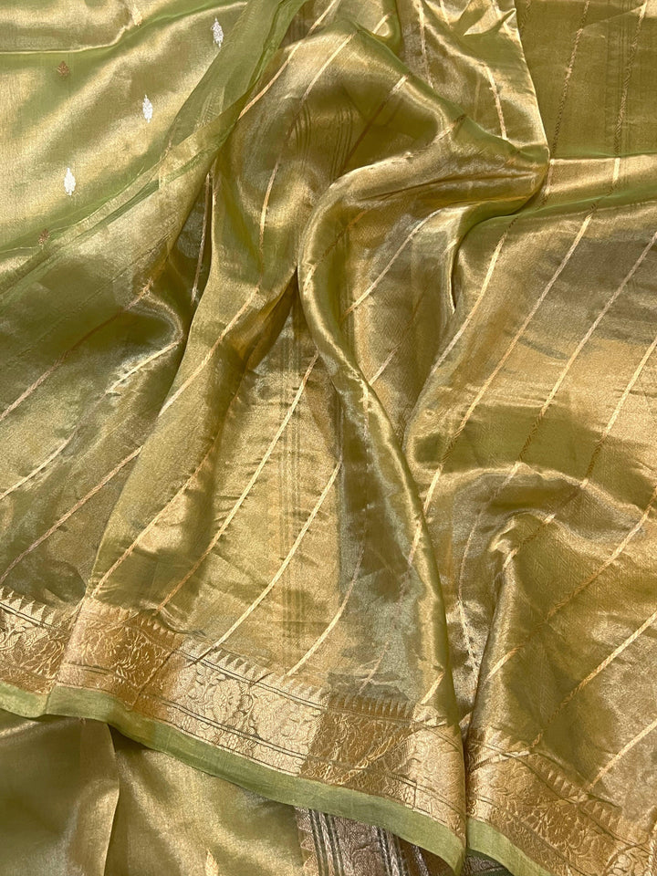 Pista Green Banarasi Handloom Organza Tissue Silk Saree - Aura Benaras