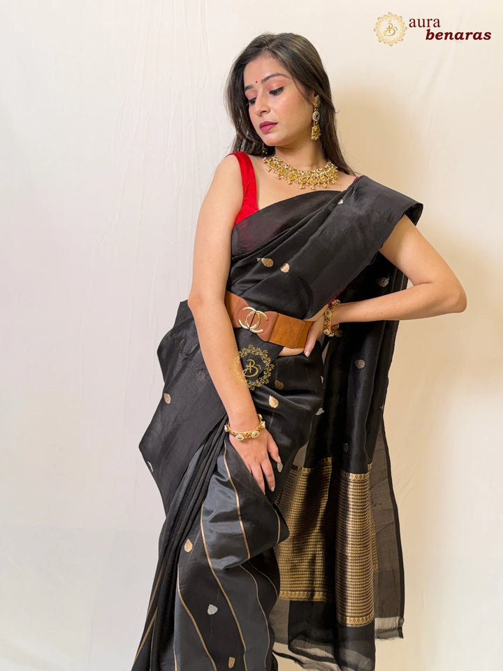 Black Kora & Silk Banarasi Saree with Stripes & Butis