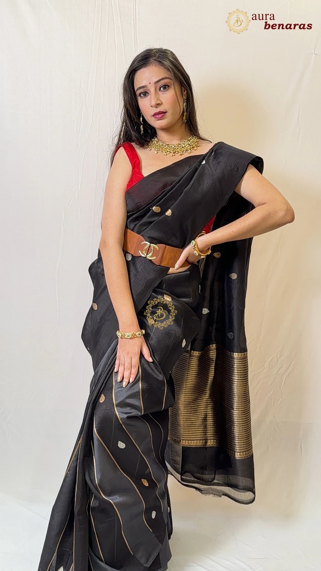 Black Kora & Silk Banarasi Saree with Stripes & Butis