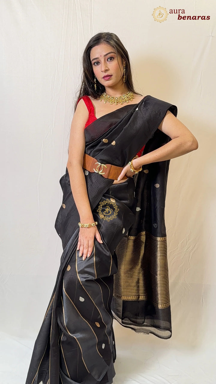Black Kora & Silk Banarasi Saree with Stripes & Butis