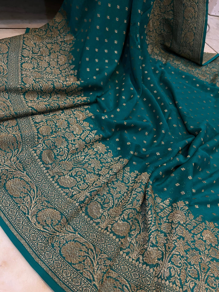 Rama Green Pure Banarasi Khaddi Georgette Saree - Aura Benaras