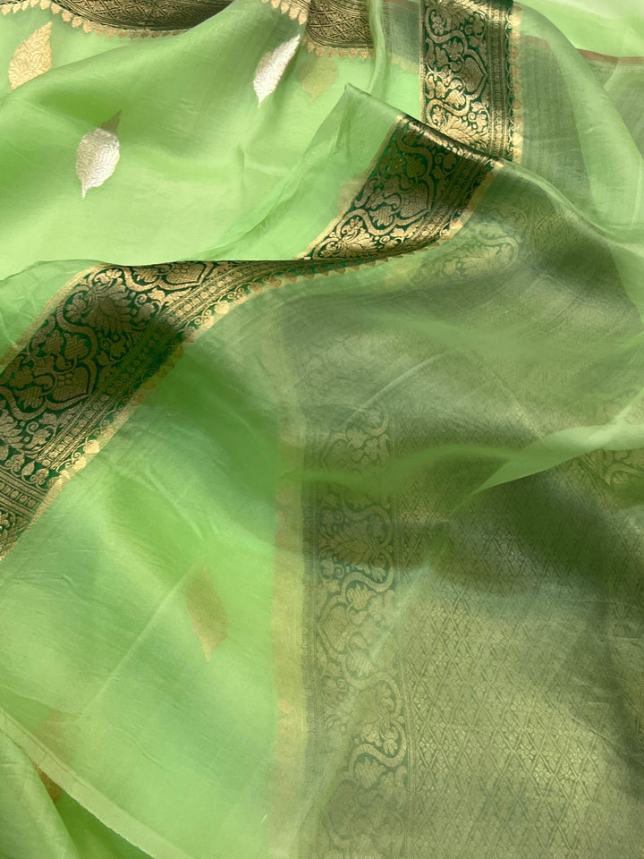 Pista Green Banarasi Handloom Kora Silk Saree - Aura Benaras