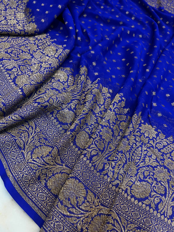 Royal Blue Pure Banarasi Khaddi Georgette Saree - Aura Benaras