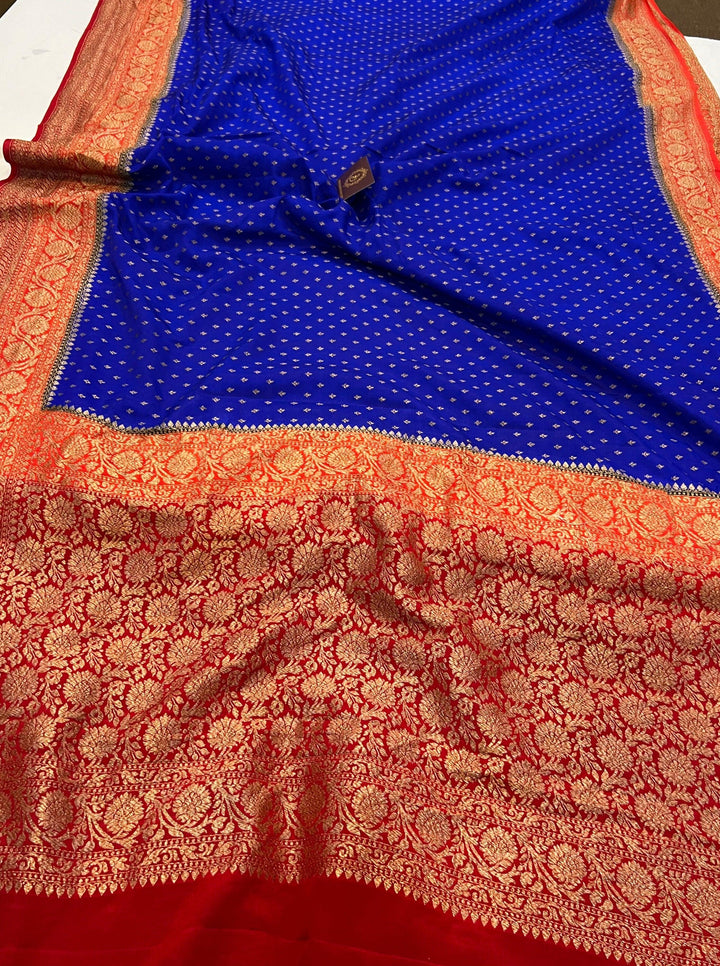 Royal Blue Pure Banarasi Khaddi Crepe Silk Saree - Aura Benaras