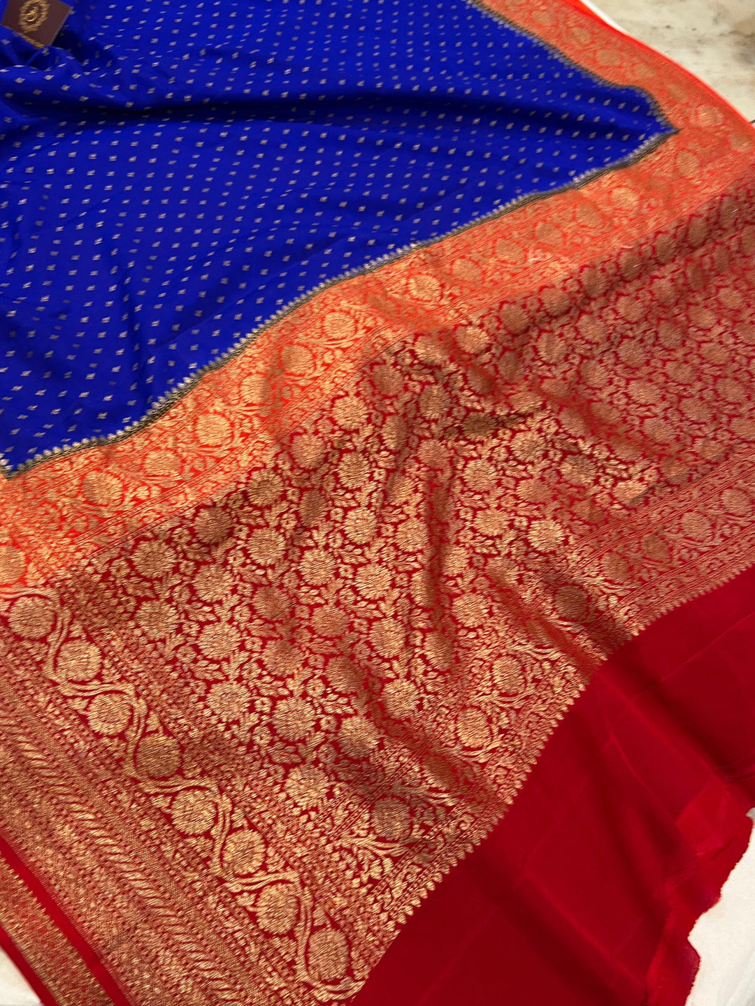 Royal Blue Pure Banarasi Khaddi Crepe Silk Saree - Aura Benaras