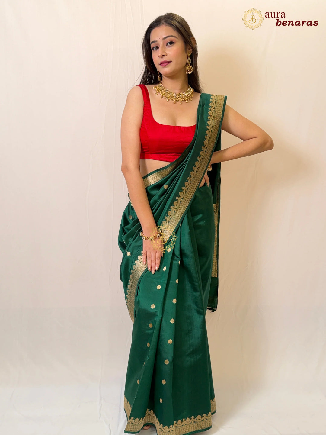 Bottle Green Pure Silk Handloom Banarasi Saree with Golden Zari