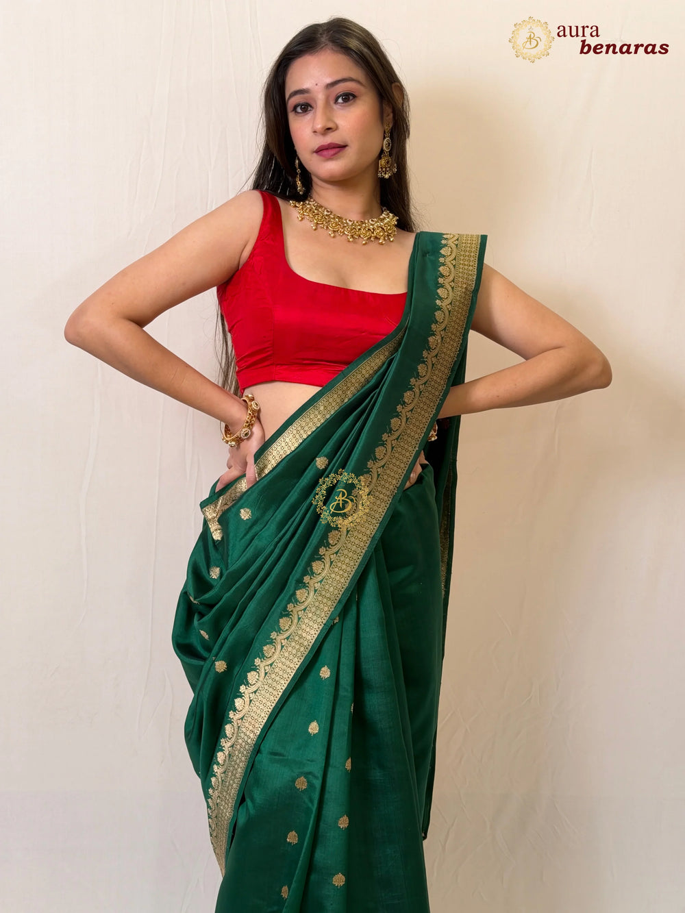 Bottle Green Pure Silk Handloom Banarasi Saree with Golden Zari