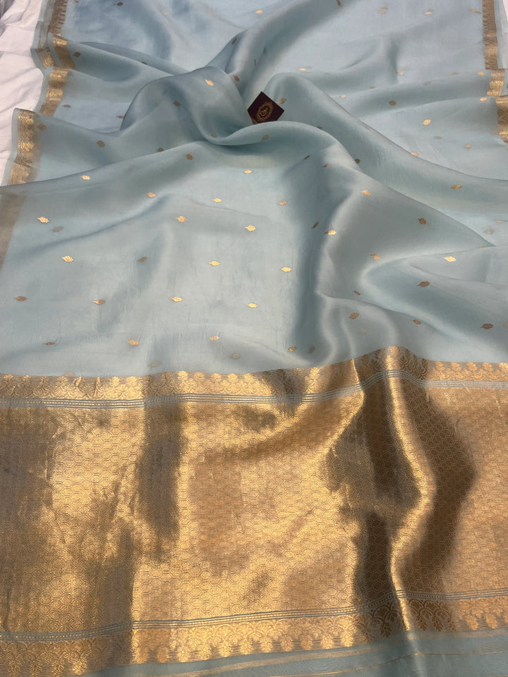 Pale Blue Kora Silk Handloom Banarasi Saree | Kadhwa Butis 