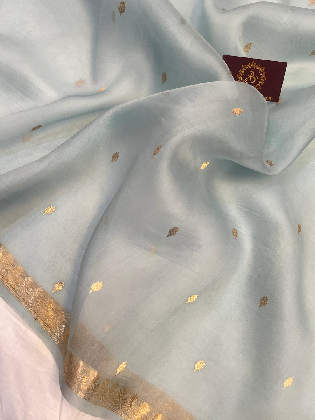 Pale Blue Kora Silk Handloom Banarasi Saree | Kadhwa Butis 
