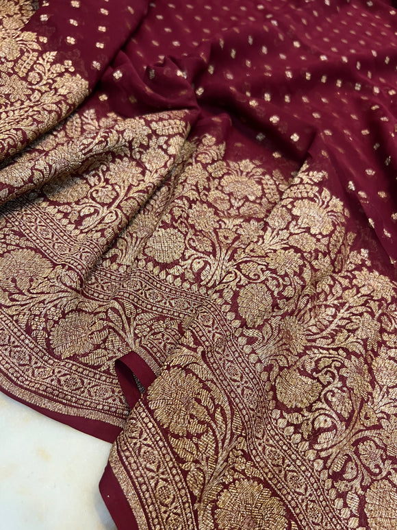 Maroon Pure Banarasi Khaddi Georgette Saree - Aura Benaras