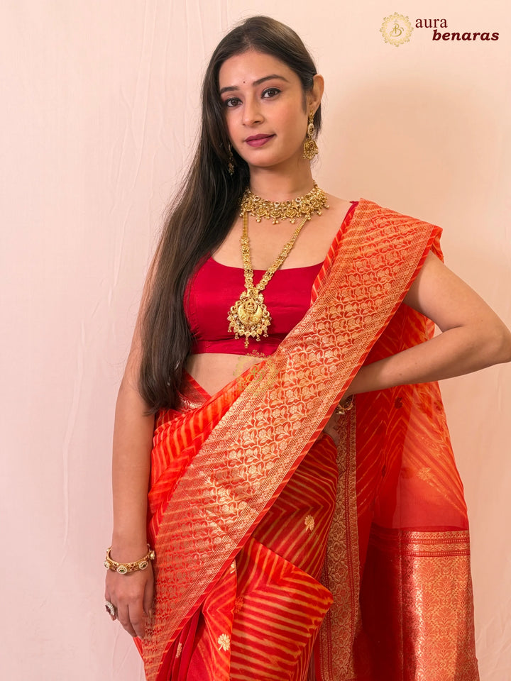 Buy Orange Banarasi Handloom Kora Silk Saree - Aura Benaras