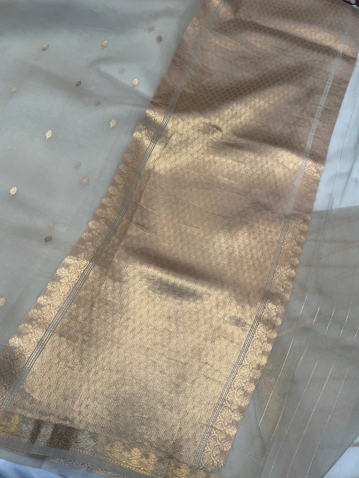 Ash Grey Pure Kora Silk Handloom Banarasi Saree