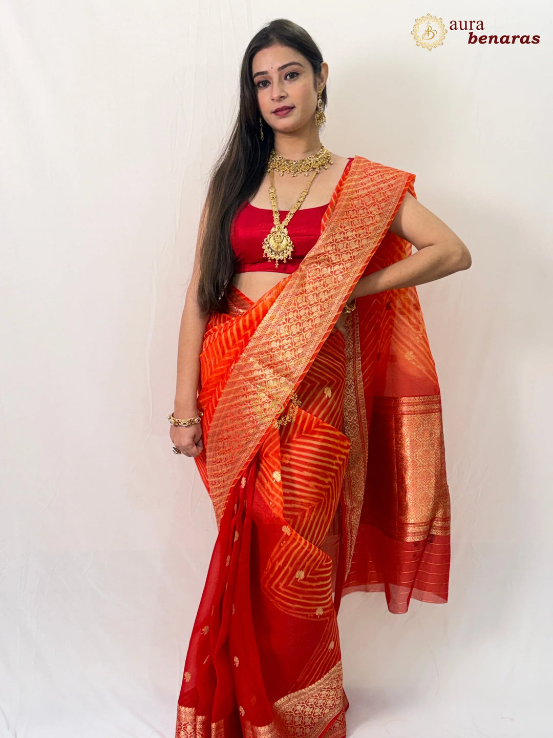 Buy Orange Banarasi Handloom Kora Silk Saree - Aura Benaras