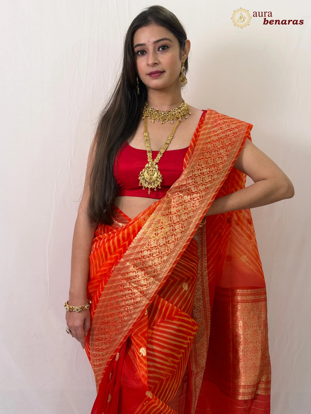 Buy Orange Banarasi Handloom Kora Silk Saree - Aura Benaras