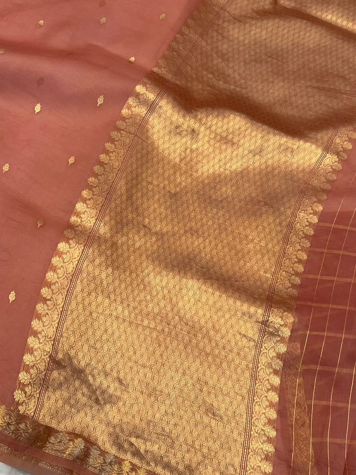 Rose Pink Kora Silk Handloom Banarasi Saree | Kadhwa Butis 