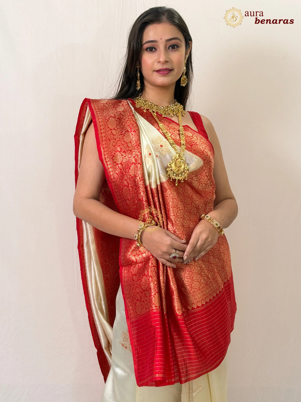 Cream Pure Banarasi Handloom Silk Saree - Aura Benaras