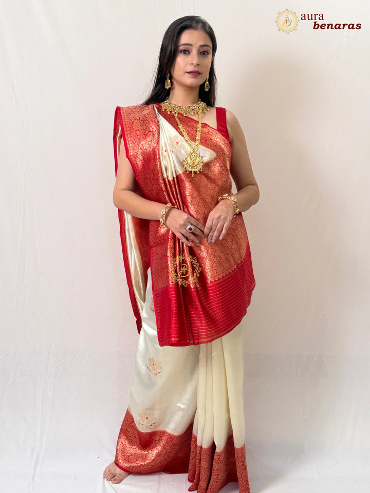 Cream Pure Banarasi Handloom Silk Saree - Aura Benaras