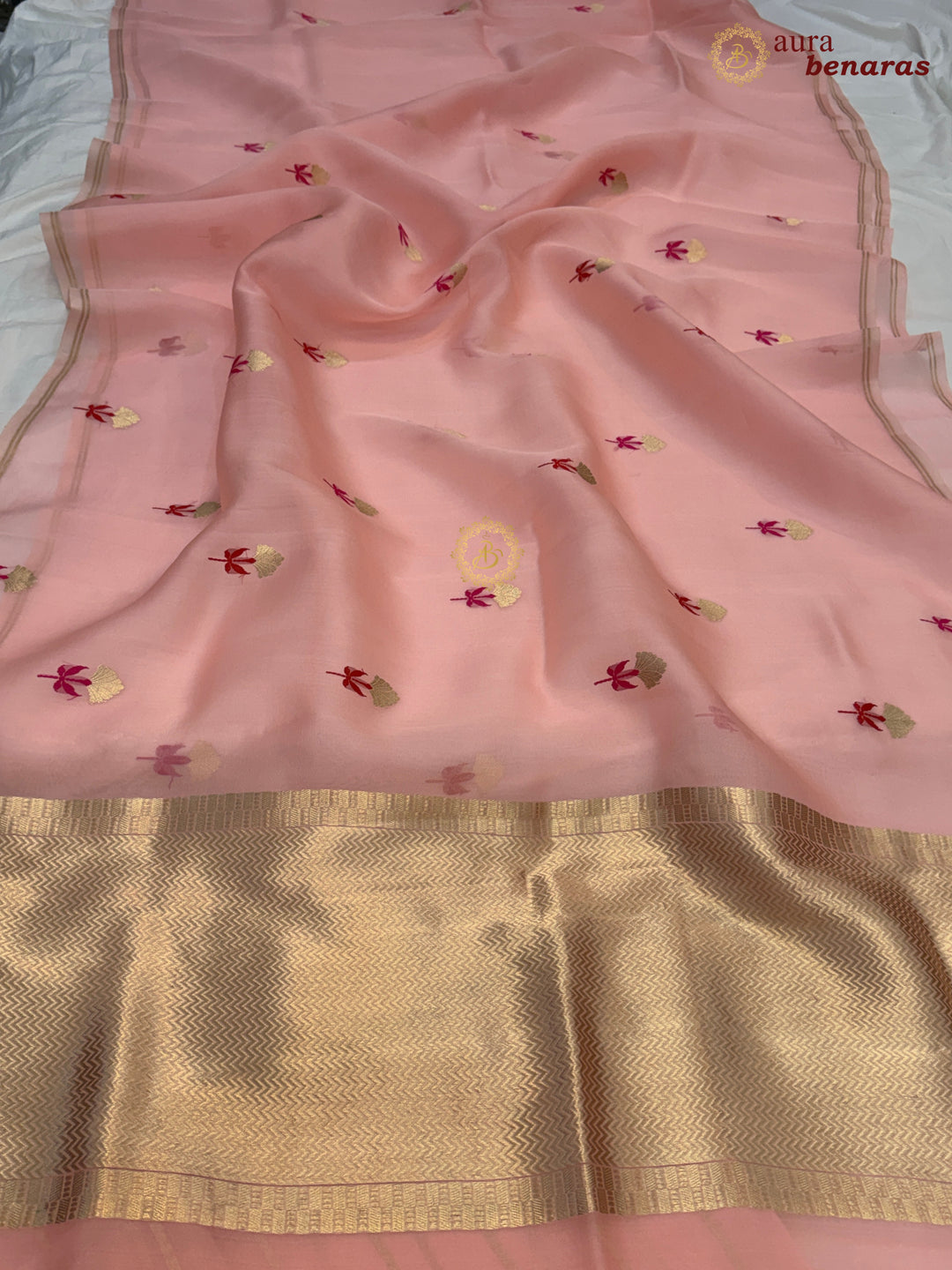 Peach Silk Banarasi Saree with Kadhwa Zari & Meenakari