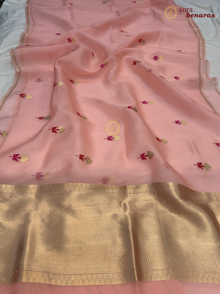 Peach Silk Banarasi Saree with Kadhwa Zari & Meenakari