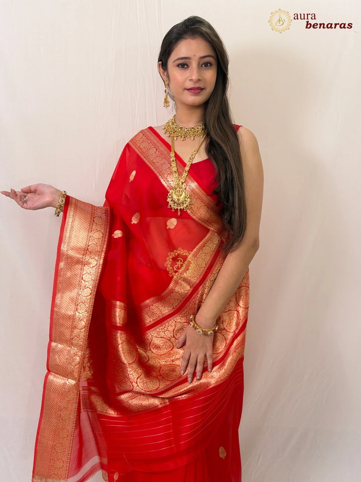 Buy Red Banarasi Handloom Kora Silk Saree - Aura Benaras