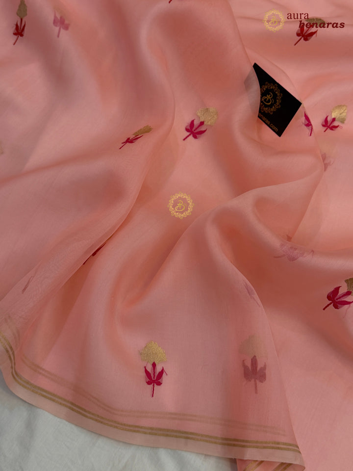 Peach Silk Banarasi Saree with Kadhwa Zari & Meenakari