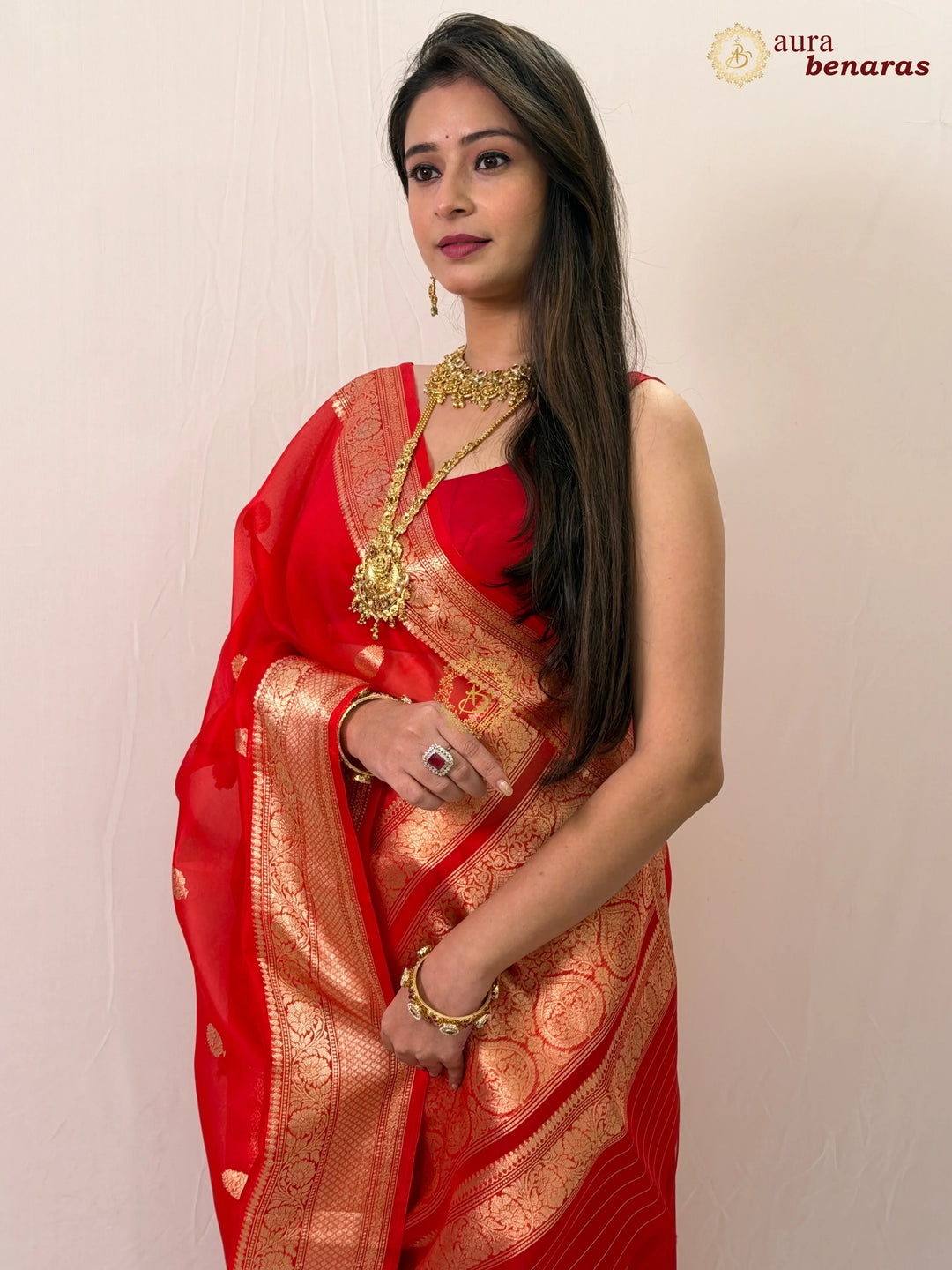 Buy Red Banarasi Handloom Kora Silk Saree - Aura Benaras