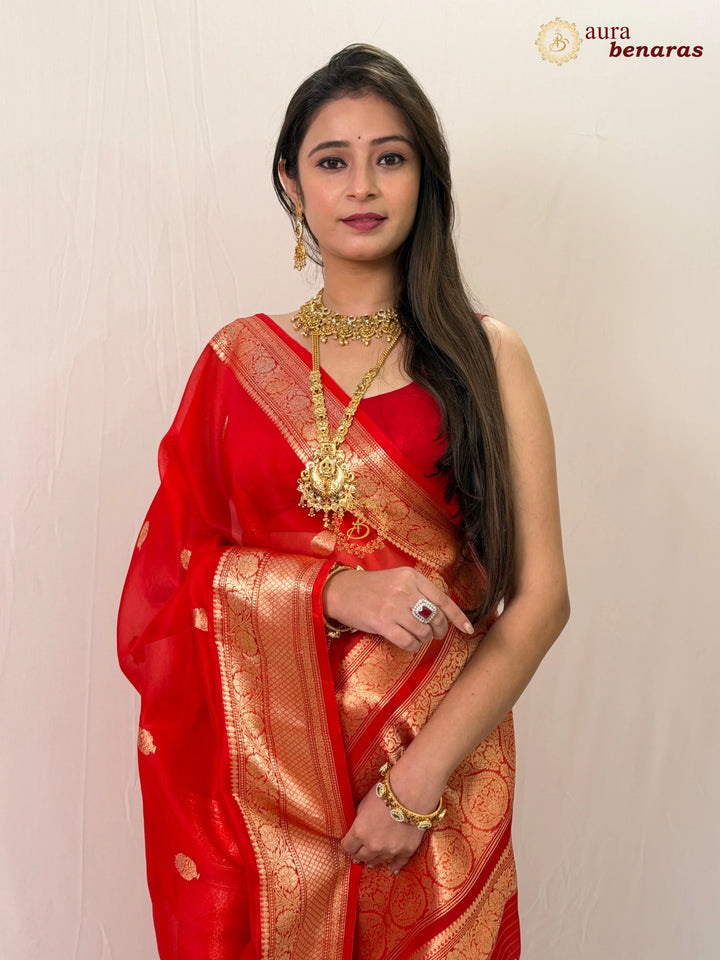 Buy Red Banarasi Handloom Kora Silk Saree - Aura Benaras