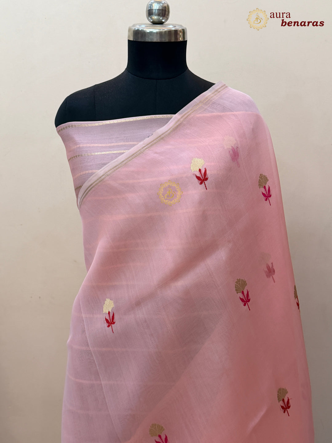 Peach Silk Banarasi Saree with Kadhwa Zari & Meenakari