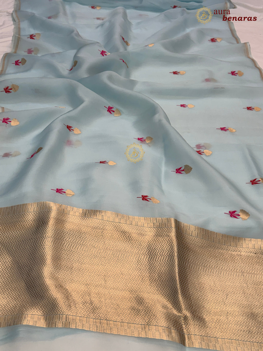 Pale Blue Silk Banarasi Saree with Kadhwa Zari & Meenakari