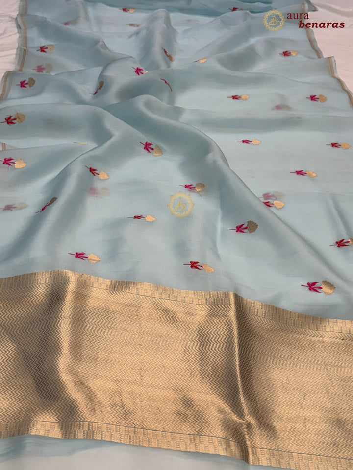 Pale Blue Silk Banarasi Saree with Kadhwa Zari & Meenakari