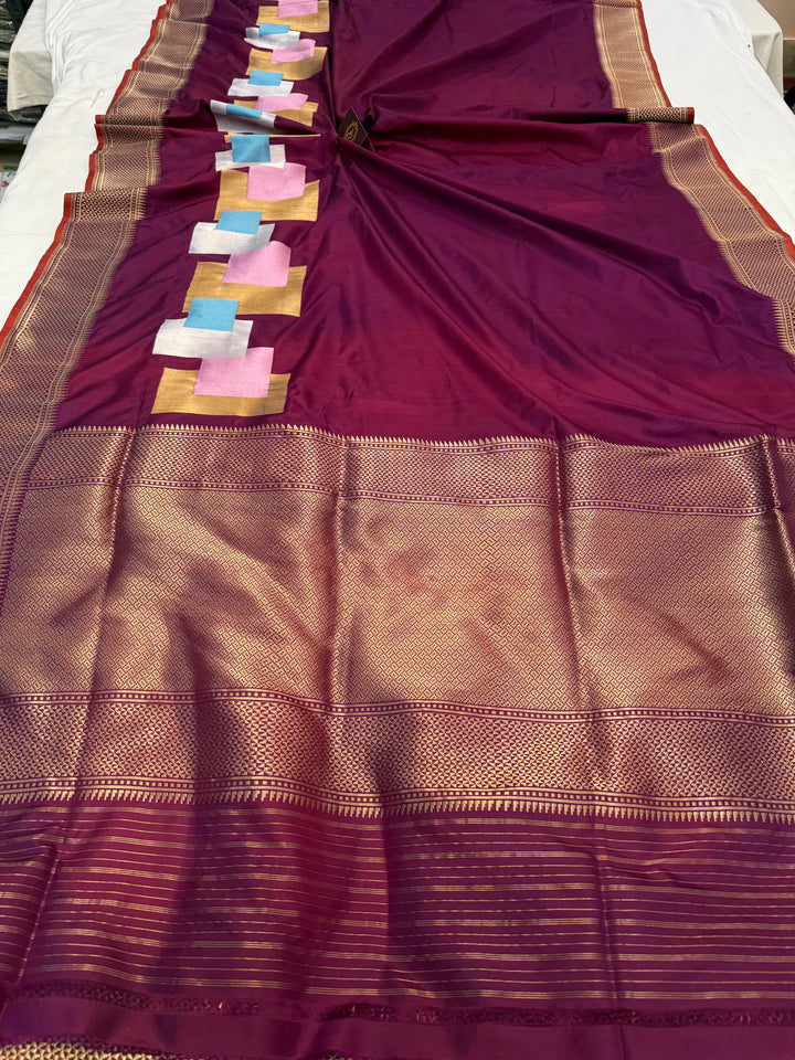 Wine Pure Katan Silk Banarasi Saree with Kadhwa Meenakari