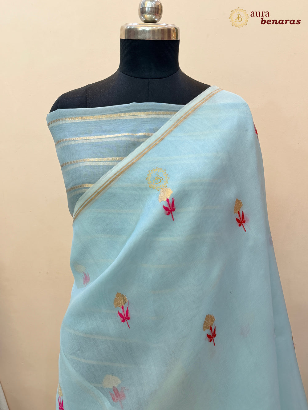 Pale Blue Silk Banarasi Saree with Kadhwa Zari & Meenakari