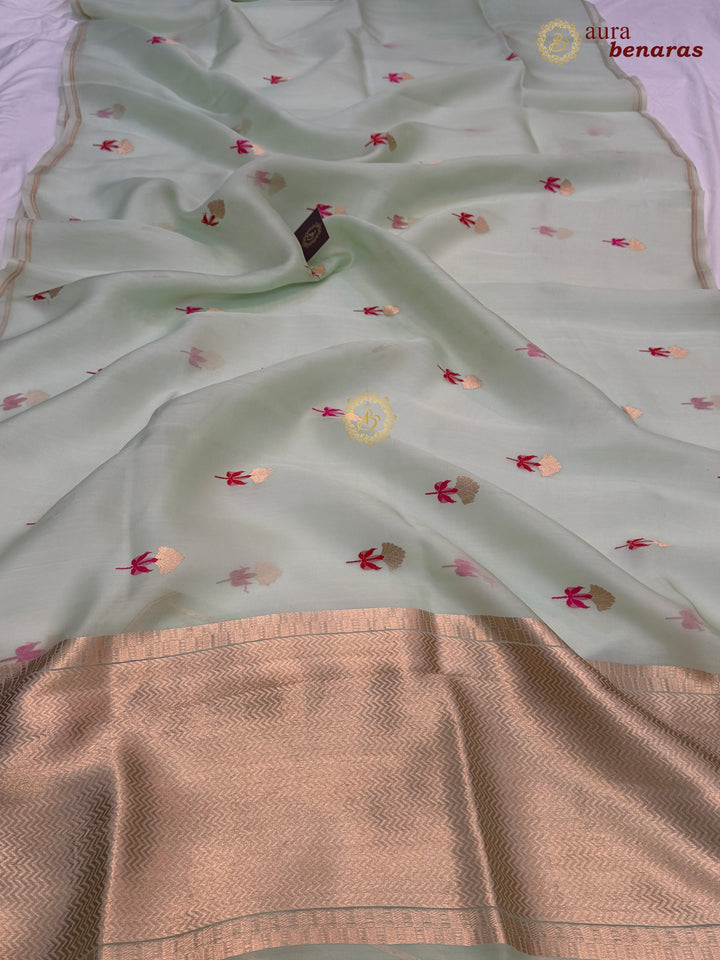 Pastel Mint Green Silk Banarasi Saree with Kadhwa Zari & Meenakari