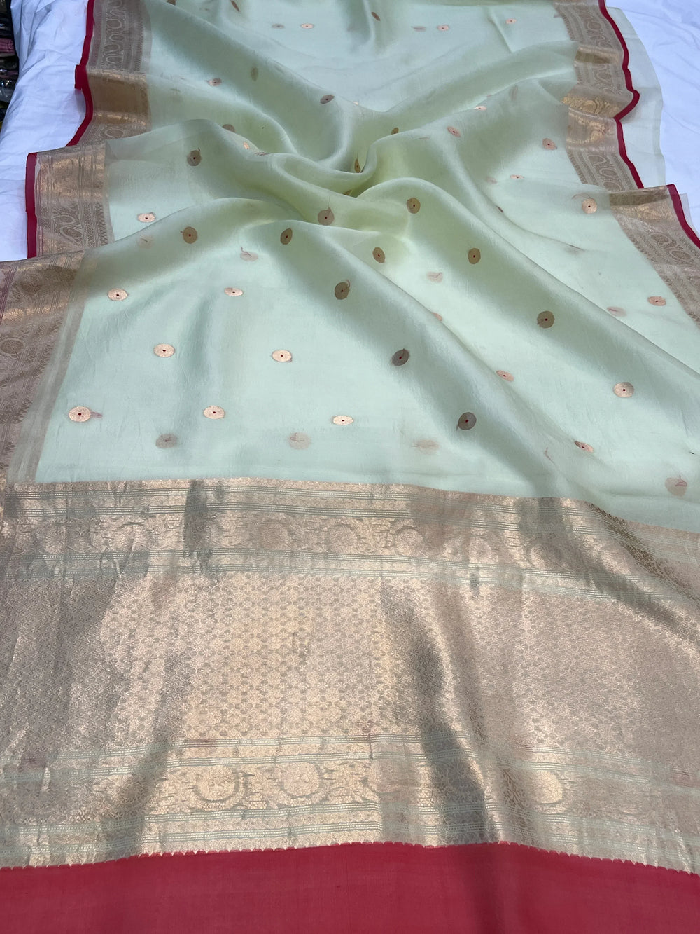 Mint Green Kora Silk Banarasi Saree with Kadhwa Zari 