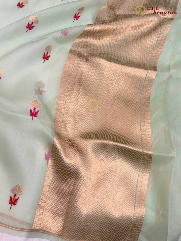 Pastel Mint Green Silk Banarasi Saree with Kadhwa Zari & Meenakari