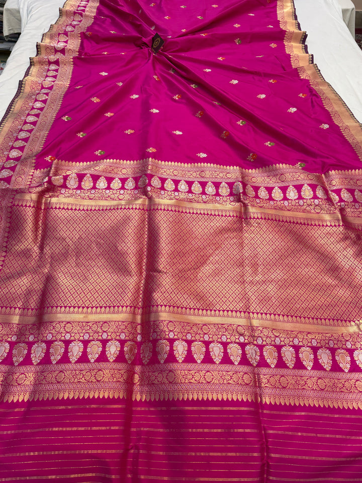 Hot Pink Katan Silk Saree with Kadhwa Meenakari Motifs