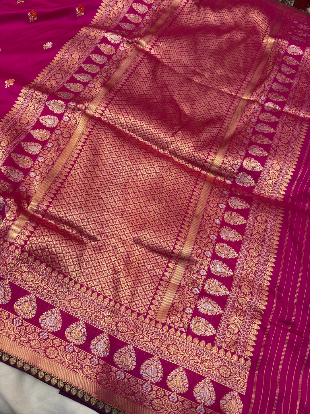 Hot Pink Katan Silk Saree with Kadhwa Meenakari Motifs