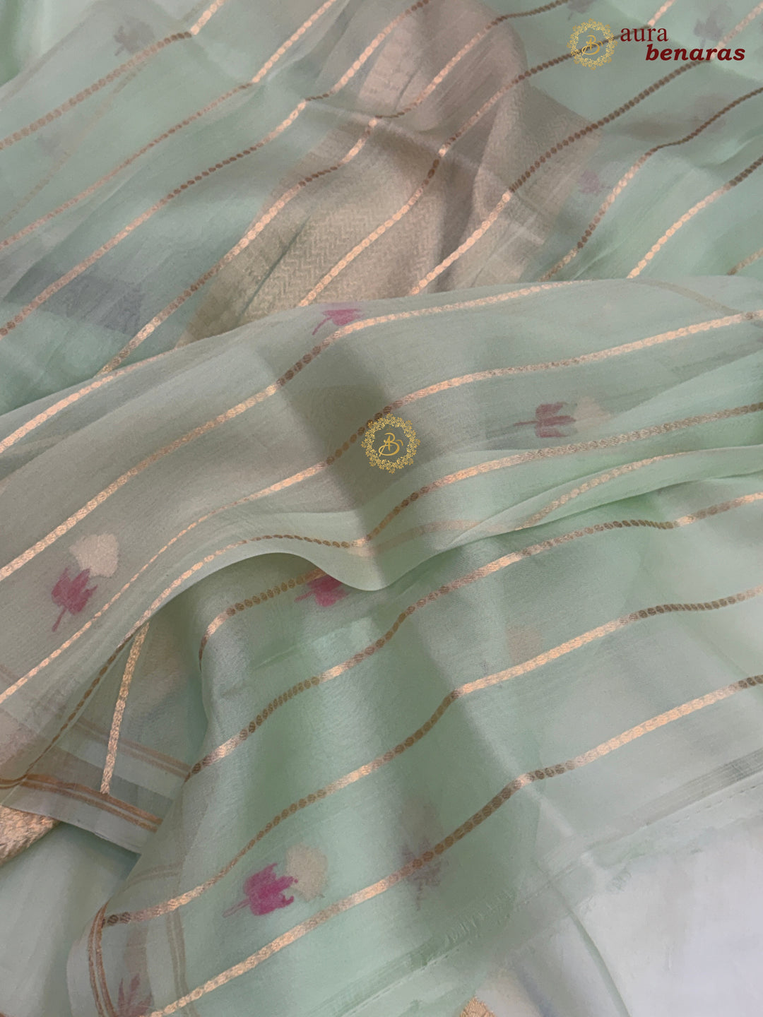 Pastel Mint Green Silk Banarasi Saree with Kadhwa Zari & Meenakari
