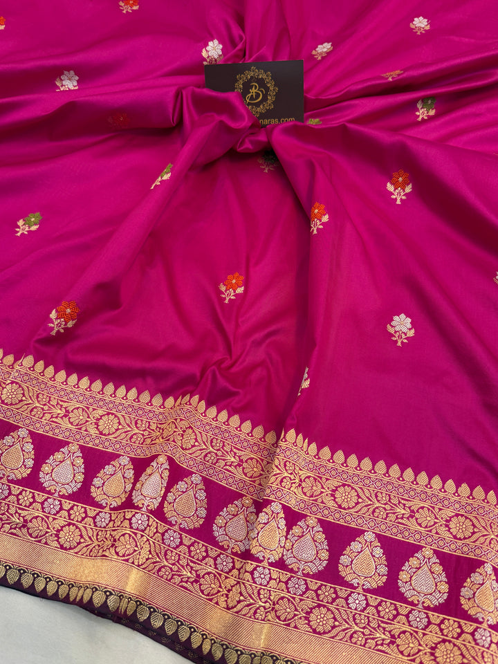 Hot Pink Katan Silk Saree with Kadhwa Meenakari Motifs