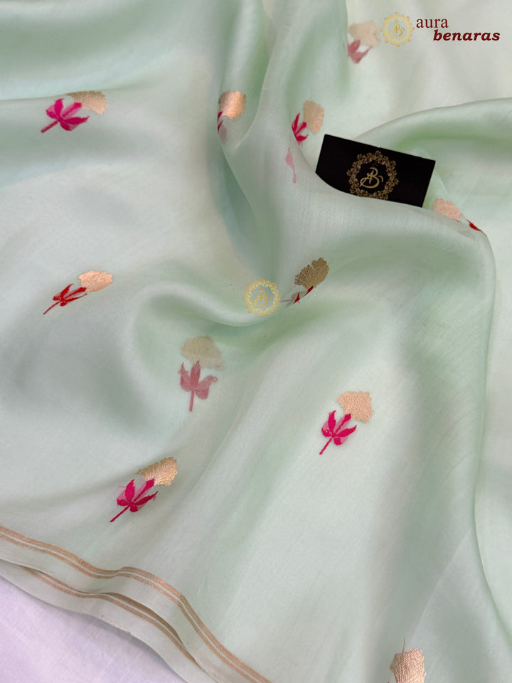 Pastel Mint Green Silk Banarasi Saree with Kadhwa Zari & Meenakari