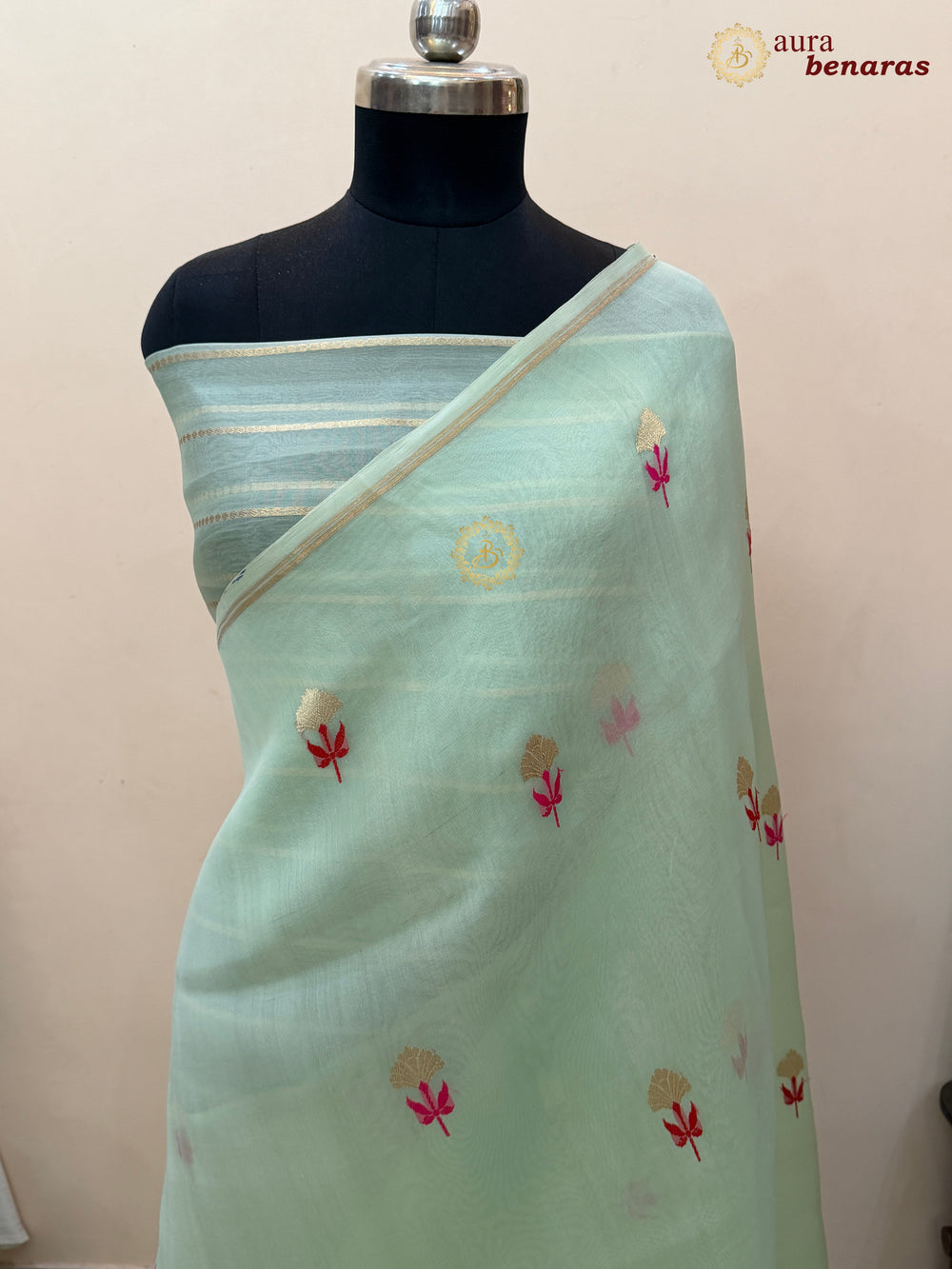 Pastel Mint Green Silk Banarasi Saree with Kadhwa Zari & Meenakari