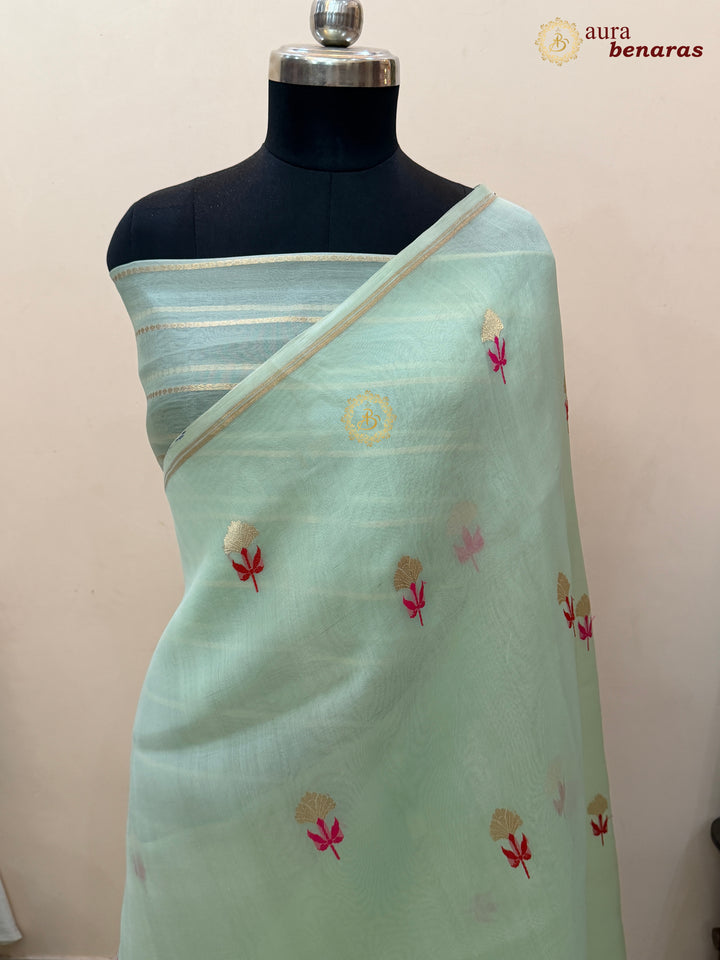 Pastel Mint Green Silk Banarasi Saree with Kadhwa Zari & Meenakari