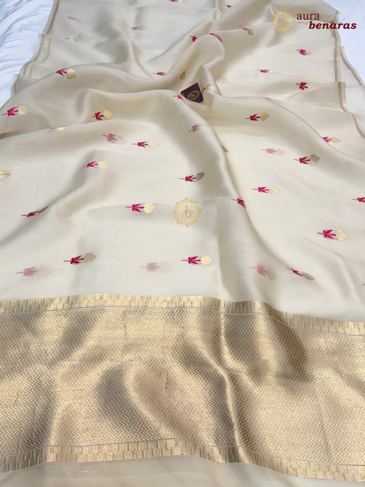 Cream Silk Banarasi Saree with Kadhwa Zari & Meenakari