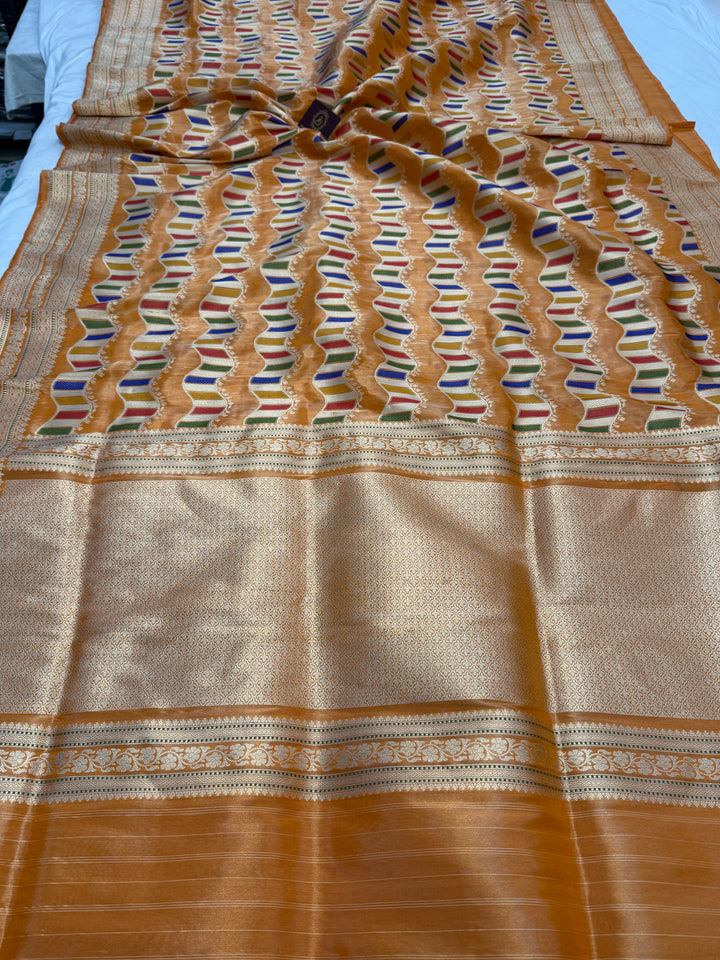 Orange Katan Tissue Silk Banarasi Saree with Kadhwa Meenakari