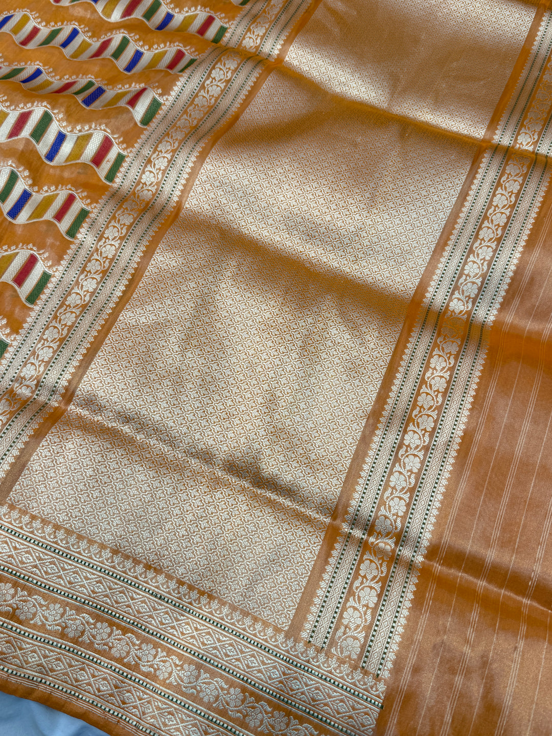 Orange Katan Tissue Silk Banarasi Saree with Kadhwa Meenakari