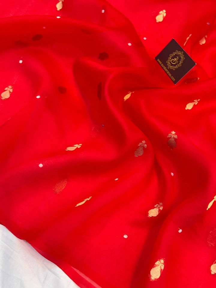 Red Kora Silk Banarasi Saree with Sona Rupa Butis