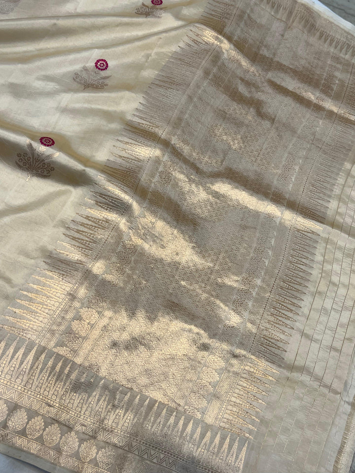 Cream Pure Banarasi Handloom Silk Saree | Aura Benaras